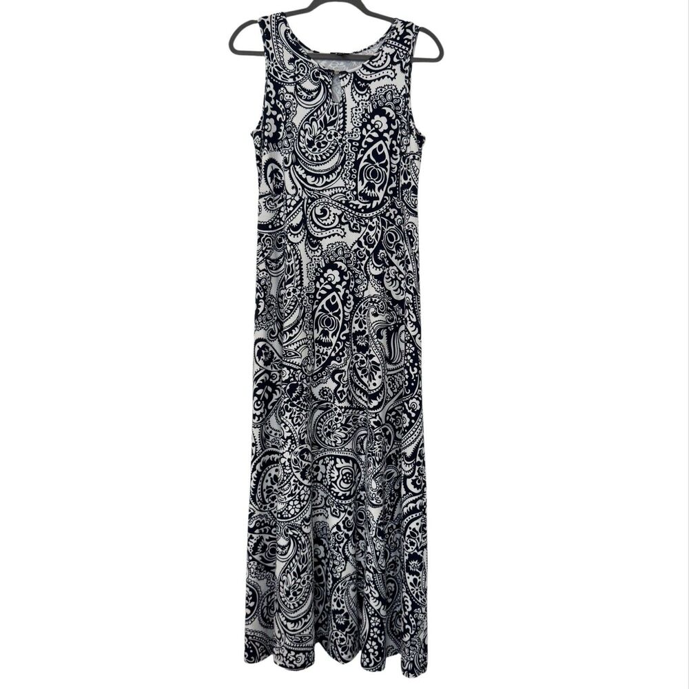 Talbots Maxi Dress Womens S Navy White Paisley Sleeveless Pockets Stretch Travel